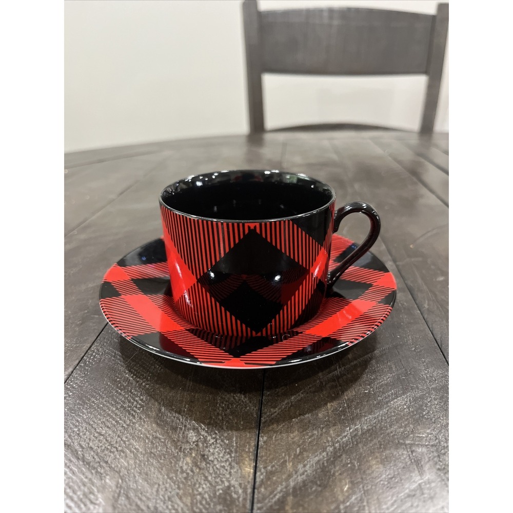 Fitz & Floyd Black and Red Plaid Buffalo Check Cup & Saucer Porcelain